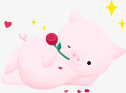 猪年福袋和可爱的小猪2019新年躺着手拿玫瑰花的猪装饰高清图片