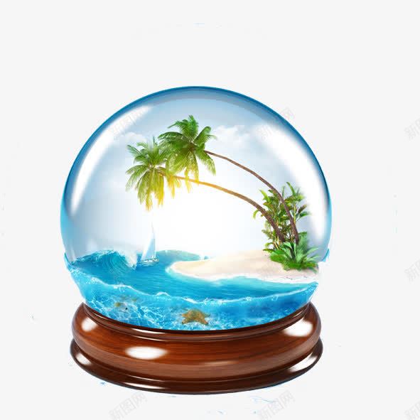 水晶球海滩png免抠素材_新图网 https://ixintu.com 创意广告素材 旅游装饰元素 水晶球海滩 海浪 蓝天白云