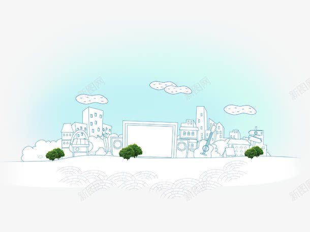 手绘白云下的城市png免抠素材_新图网 https://ixintu.com 创意 卡通 卡通建筑 学校 幼儿园 房子 手绘 树 白云 线描 背景图案
