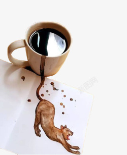 咖啡杯图案咖啡流出在纸上形成猫咪图案高清图片