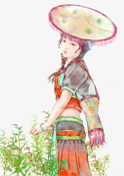 采茶女手绘插画素材