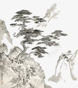 日本水墨山崖上的松树高清图片
