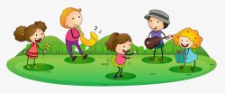 在草地上唱歌弹奏吹曲的小孩素材