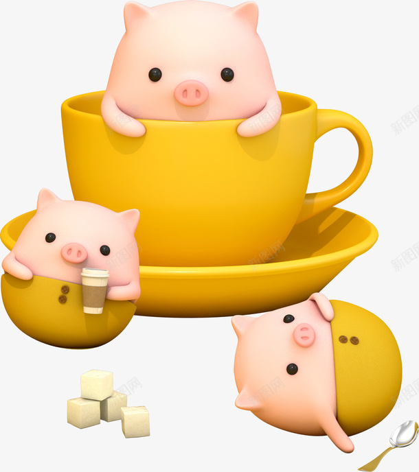 c4d卡通坐在茶杯的猪猪装饰png免抠素材_新图网 https://ixintu.com Q版猪 c4d猪 卡通 坐在茶杯的猪 猪年 猪形象 装饰