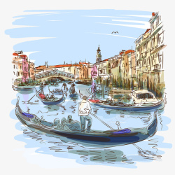 手绘威尼斯手绘水彩威尼斯街景高清图片