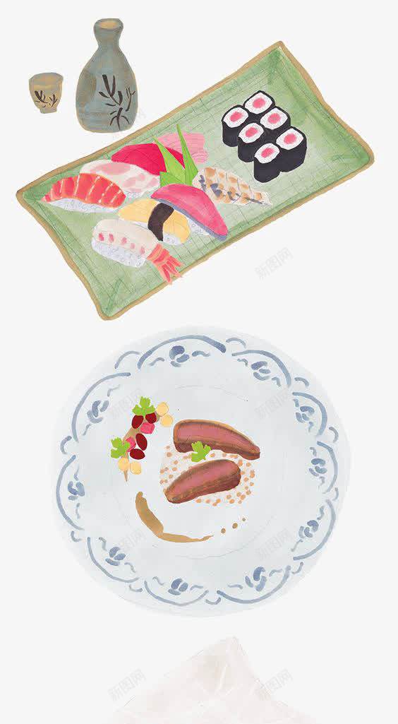 日系料理png免抠素材_新图网 https://ixintu.com 寿司 手绘 清酒 食物