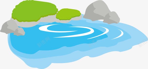 湖水和草丛png免抠素材_新图网 https://ixintu.com 卡通 手绘 湖水 灰色 白色 石头 绿色 草丛 蓝色