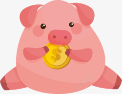 粉色陶瓷小猪存钱罐粉红色吃金币的小猪矢量图高清图片