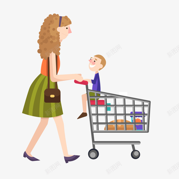 逛超市的母亲与小孩png免抠素材_新图网 https://ixintu.com 卡通女孩 卡通小孩 卡通购物车 推车