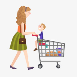 小孩购物车逛超市的母亲与小孩高清图片