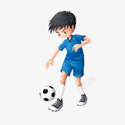 低着头的男孩蓝色卡通风格踢足球的小男孩高清图片