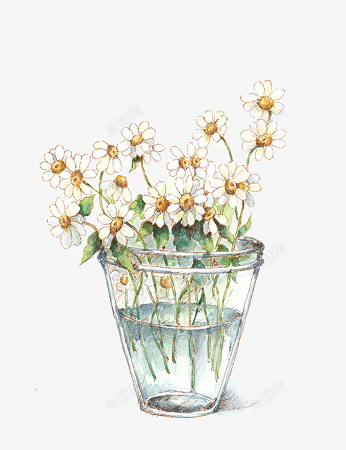 白色花朵psd免抠素材_新图网 https://ixintu.com 植物 玻璃花瓶 瓶子里的花 白色 绿叶 花卉 黄蕊