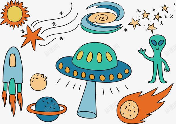 可爱手绘宇宙太空png免抠素材_新图网 https://ixintu.com UFO 卡通 可爱 外星人 太空船 手绘 火箭