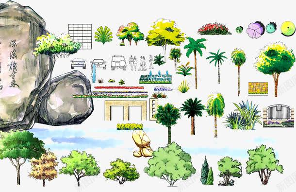 建筑石头和植物png免抠素材_新图网 https://ixintu.com 建筑物 植物 椰树 石头 苗木