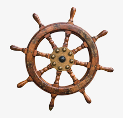 船尾舵棕色控制方向的木质做旧舵盘实物高清图片