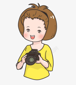 手绘单反相机拿着相机拍照的女孩卡通图高清图片