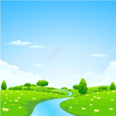 手绘卡通草地草坪蓝天湖水背景背景