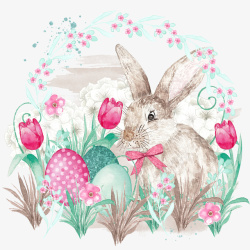 鲜花兔子水墨兔子和彩蛋装饰高清图片
