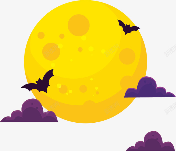 月球png免抠素材_新图网 https://ixintu.com 云朵 星球 月球 紫色 紫色云霞 翅膀 蝙蝠 黄色