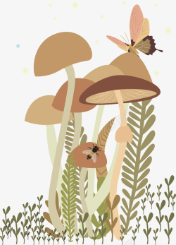 蘑菇装饰手绘蘑菇蝴蝶蜜蜂插画高清图片