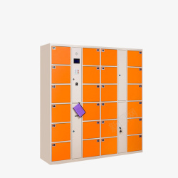 智能自助存包橙色的电子储物柜高清图片