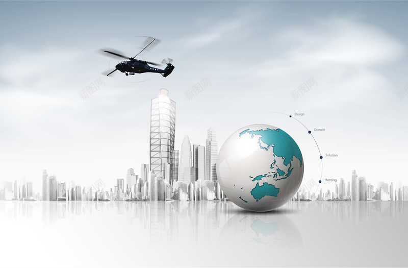 城市上空悬浮的直升机PSD分层psd设计背景_新图网 https://ixintu.com 人物 地球 城市 建筑物 直升机 线条 节点