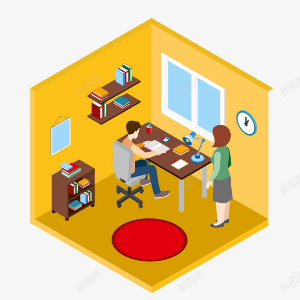 黄色立体书桌学习元素矢量图ai免抠素材_新图网 https://ixintu.com 书桌 书橱 卡通插画 圆形 时间 毛毯 窗户 立体 蓝色 黄色 矢量图
