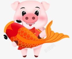 尖鱼素材卡通图抱着鱼的新年福猪卡通图高清图片