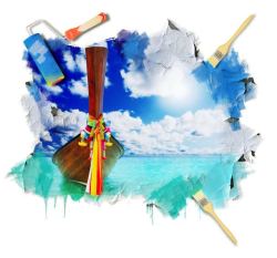 画笔蓝天油漆刷与木船风景高清图片