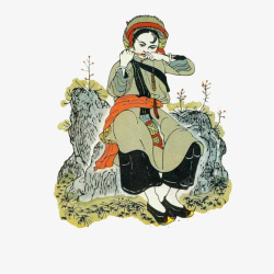 卡通落日风光插画中国风彝族美女阿诗玛坐在石头上高清图片