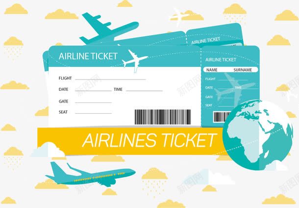 飞机票png免抠素材_新图网 https://ixintu.com 世界旅游 云朵 地图 地球 天气 旅游 海外旅 海外旅游 环球旅游 矢量飞机票 票根 飞机 飞机票