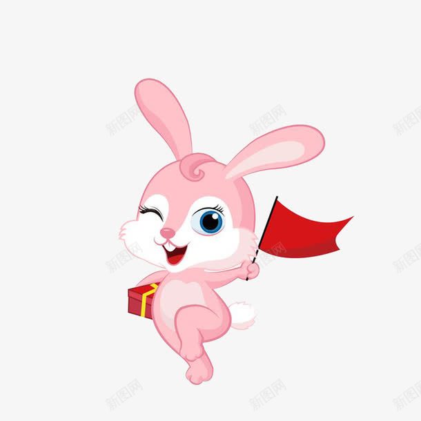 卡通拿着礼物举着旗子的小兔子素png免抠素材_新图网 https://ixintu.com 举旗子 卡通拿着礼物举着旗子的小兔子素材免费下载 开心小兔子 礼物盒 粉色小兔 红色旗子