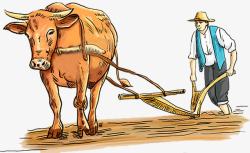 耕地工具黄牛带着农具在黄土地拉着农民耕高清图片