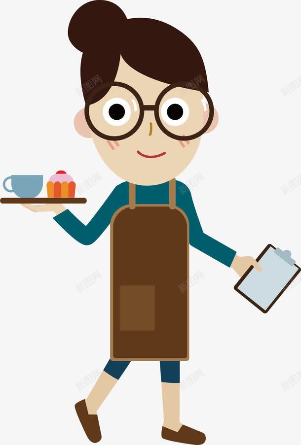 餐厅服务员png免抠素材_新图网 https://ixintu.com 卡通女孩 点心 眼镜 茶杯 账单 餐厅服务员