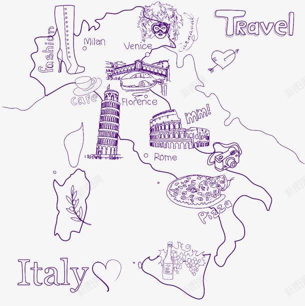 意大利创意地图png免抠素材_新图网 https://ixintu.com 大楼 意大利区域地图 意大利城市地图 意大利旅游地图 手绘地图 爱心 紫色 装饰图案 靴子