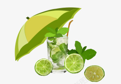 绿色伞素材绿色清新柠檬果茶插画高清图片