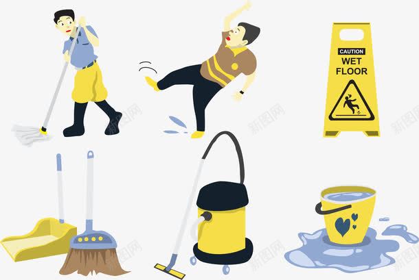 保洁工具png免抠素材_新图网 https://ixintu.com 家政保洁 扫帚 正在打扫的人 水桶 注意脚滑 清洁工具