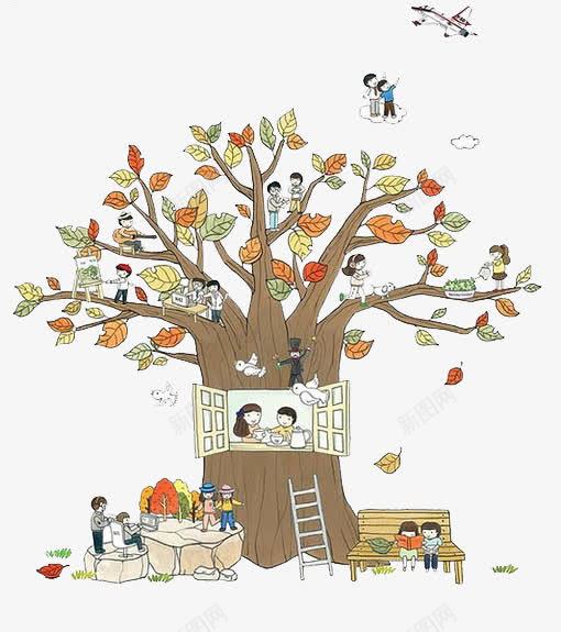 树上树下的孩子png免抠素材_新图网 https://ixintu.com 手绘 插画 秋天 落叶