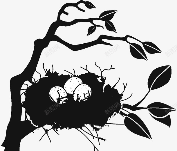 黑白装饰插图树上的鸟窝图标png_新图网 https://ixintu.com 树 树叶 树叶枝 树枝 装饰插图 鸟的庇护所 鸟窝 鸟蛋 黑白
