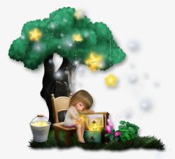 摘星星2017夜空树下睡觉的小女孩高清图片