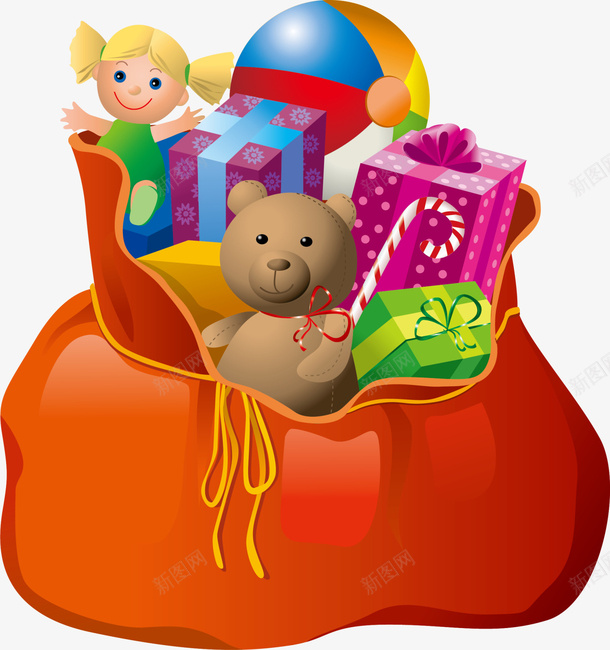 圣诞节多样圣诞礼物png免抠素材_新图网 https://ixintu.com 喜庆 圣诞节 多样圣诞礼物 小熊玩具 洋娃娃 红色袋子
