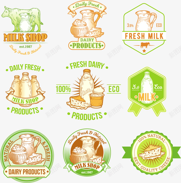 手绘奶制品标签矢量图图标ai_新图网 https://ixintu.com LOGO 乳酪制品 图标 奶制品标签 手绘 标签 牛奶 矢量图