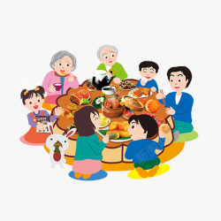 吃晚饭手绘卡通一家人团圆饭高清图片