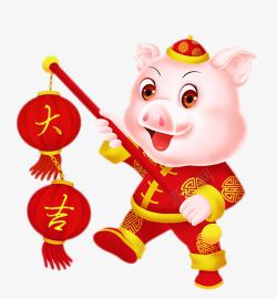新年猪提着灯笼的新年福猪卡通图高清图片