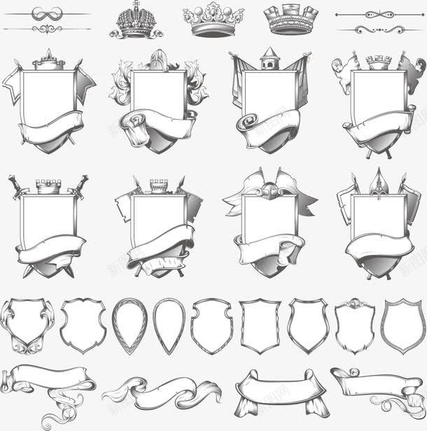 古典中世纪元素png免抠素材_新图网 https://ixintu.com 狮子盾牌 王冠 皇冠 盾牌