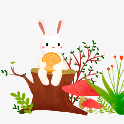 手绘卡通小白兔吃月饼素材