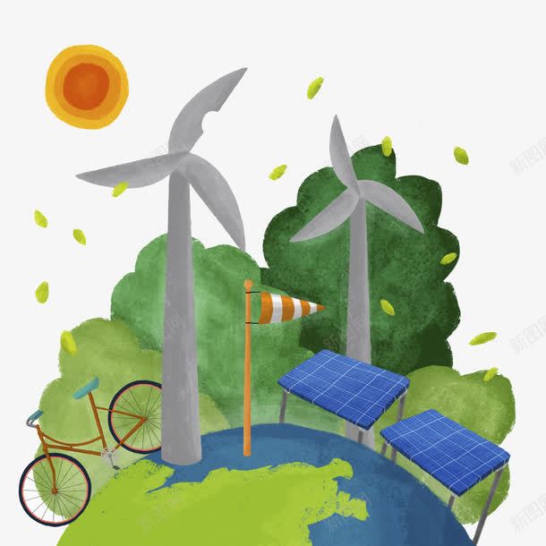 手绘鞥车png免抠素材_新图网 https://ixintu.com 卡通 地球 太阳 太阳能电板 手绘 水彩 绿色 风车