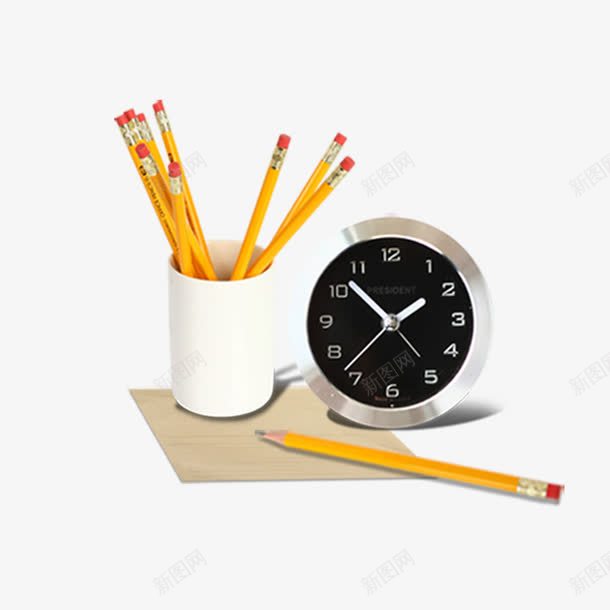 笔筒和时钟png免抠素材_新图网 https://ixintu.com 便签纸 白色笔筒 笔筒 铅笔 闹钟