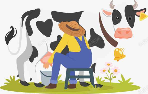 奶牛和挤奶的人矢量图eps免抠素材_新图网 https://ixintu.com 动物 动物png 动物矢量图 奶牛 挤牛奶 牛奶 矢量图 黑白牛