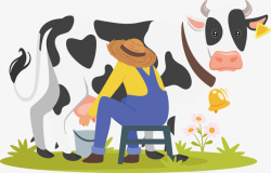 挤牛奶奶牛和挤奶的人矢量图高清图片